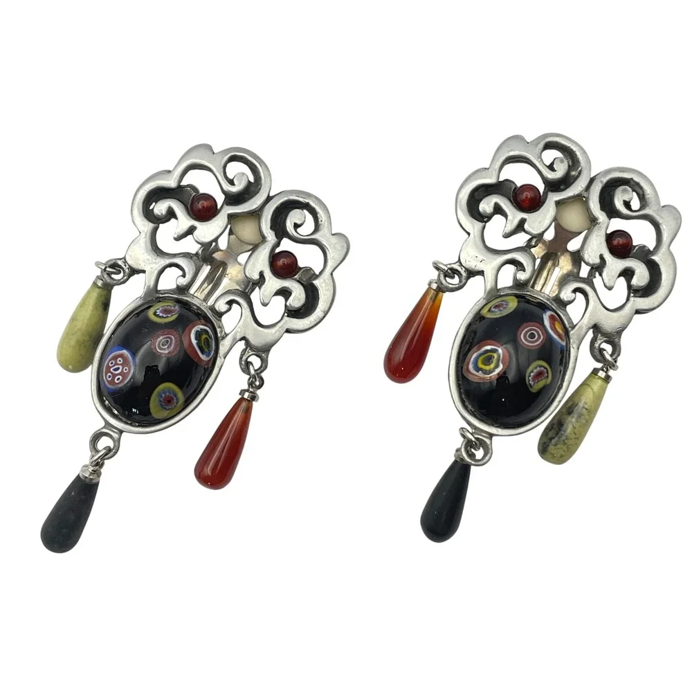 Vintage Modernist Millefiori Brooch and Clip On Earring‎ Set Statement Jewelry